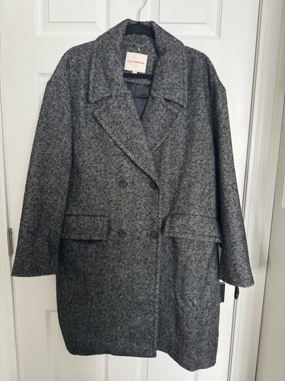 Lucky Brand Women's Black Gray Herringbone Double-Breasted Pea Coat